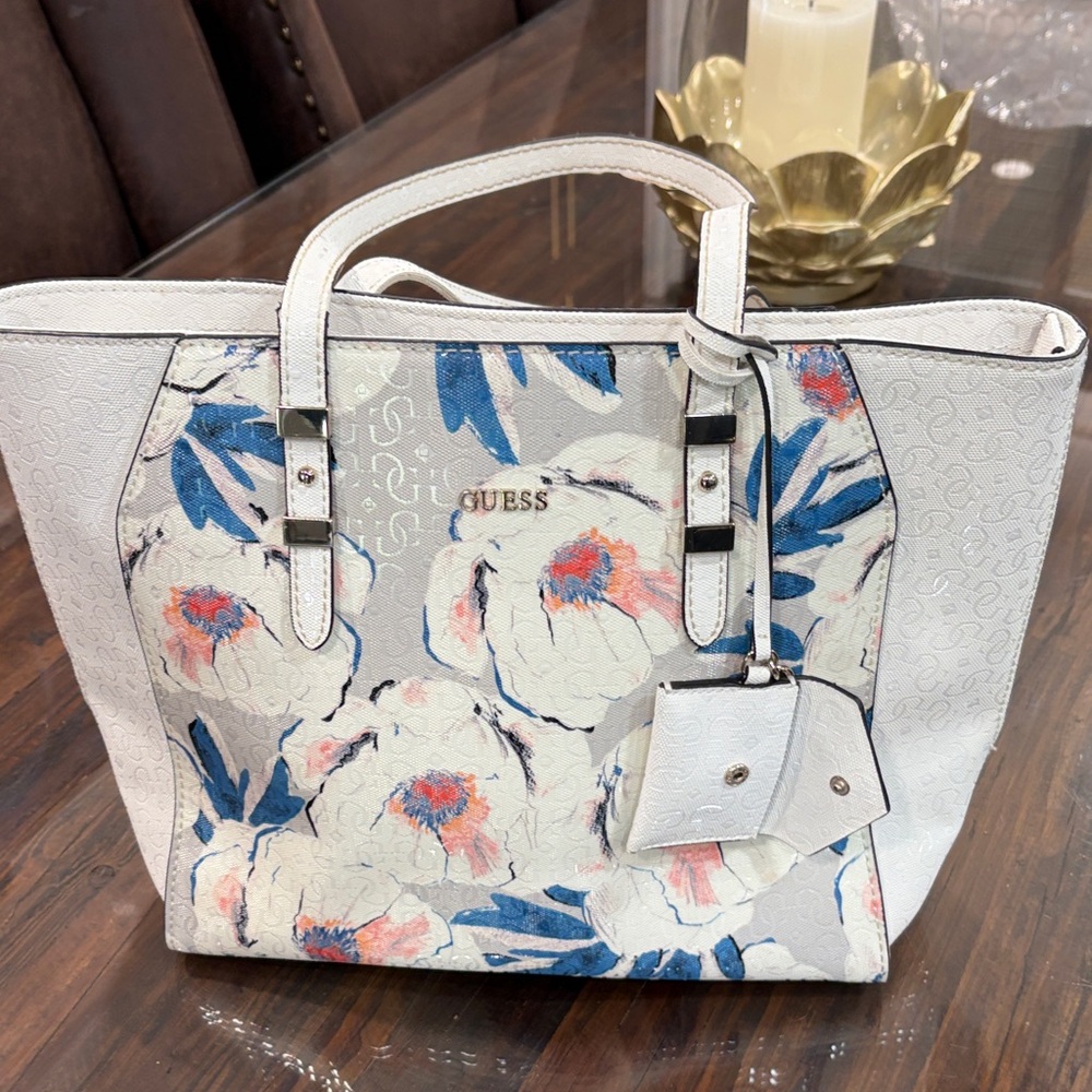 GUESS Floral Tote in White and Blue